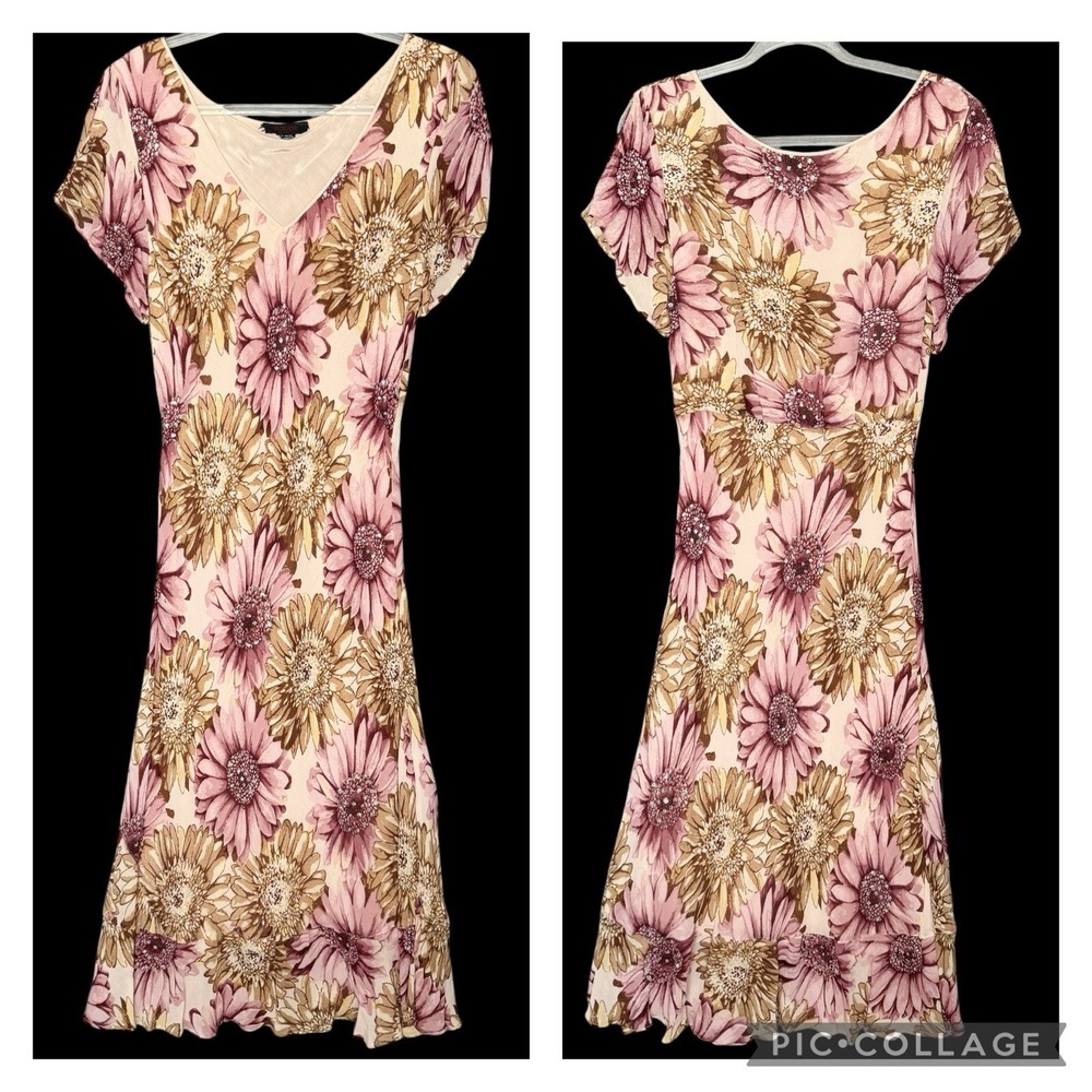 Rouge Women Pink Tan Sunflower Rhinestone V-Neck Rayon Midi Dress Y2K Boho